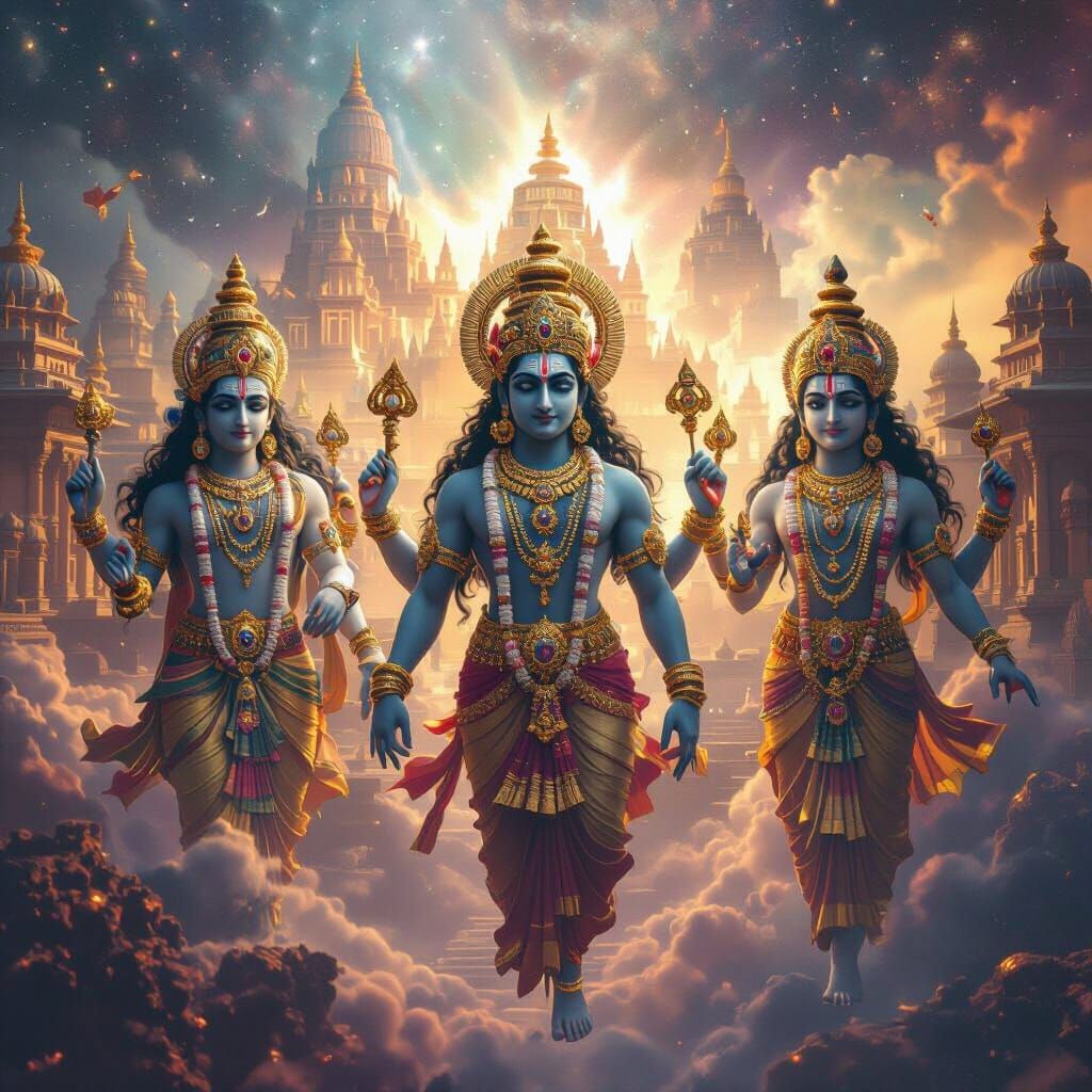 Hindu Gods in Cosmic Nebula with Ancient City