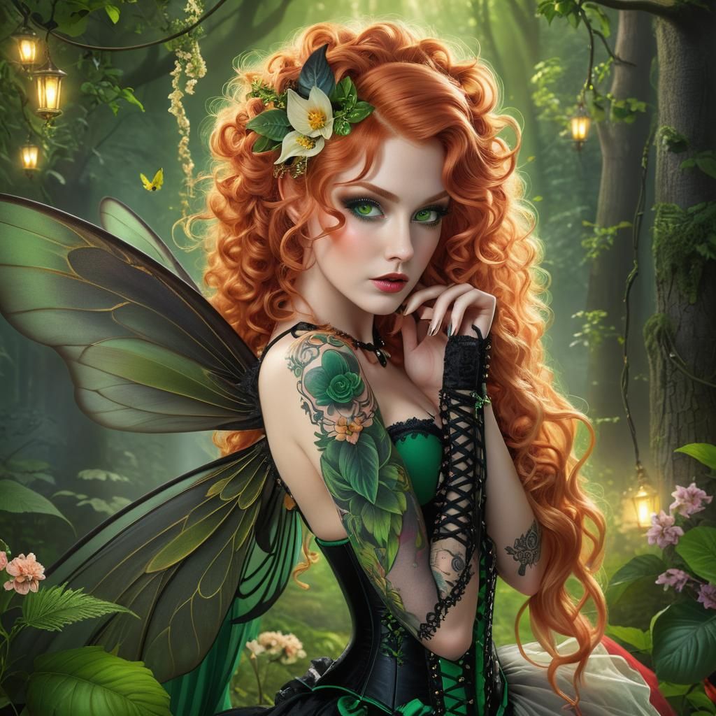 Gothic Beauty with Wings in Enchanted Forest