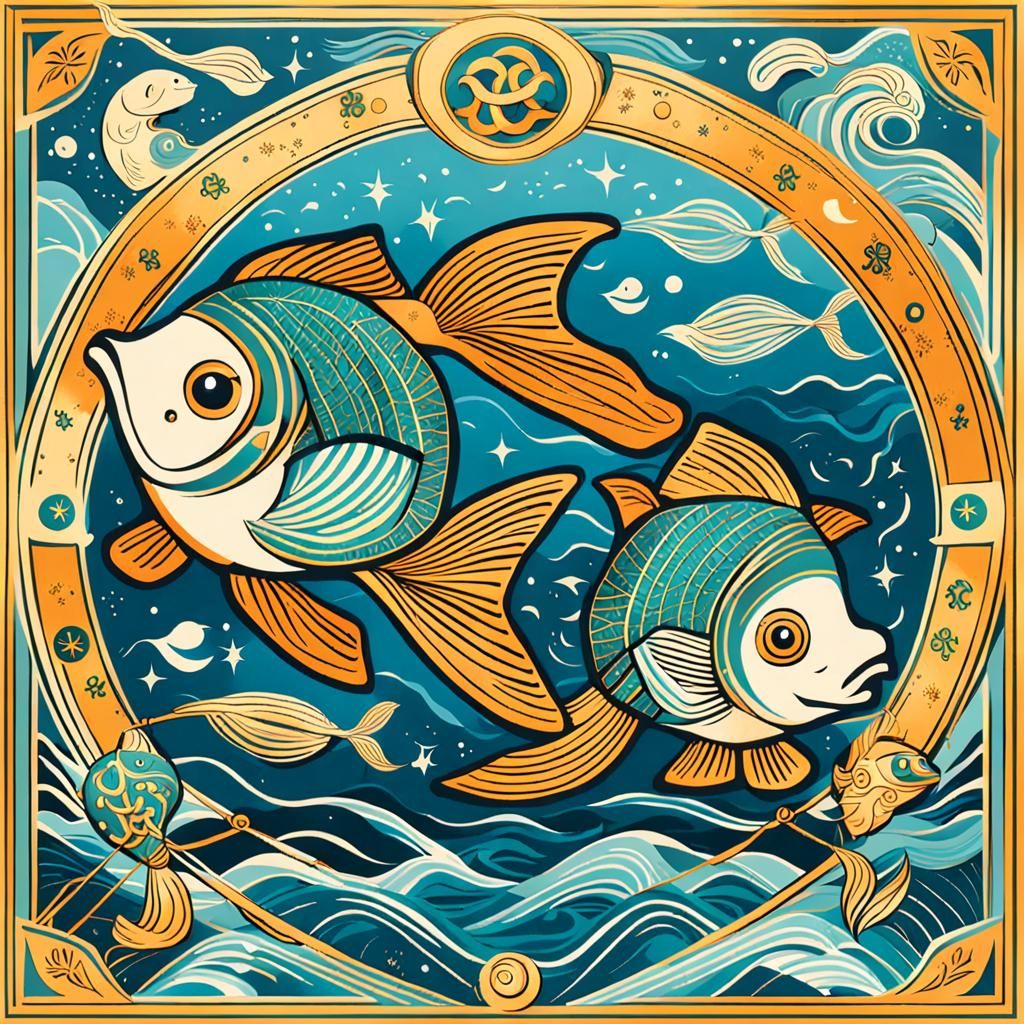 Pisces Zodiac Sign in Mid-Century Modern Style