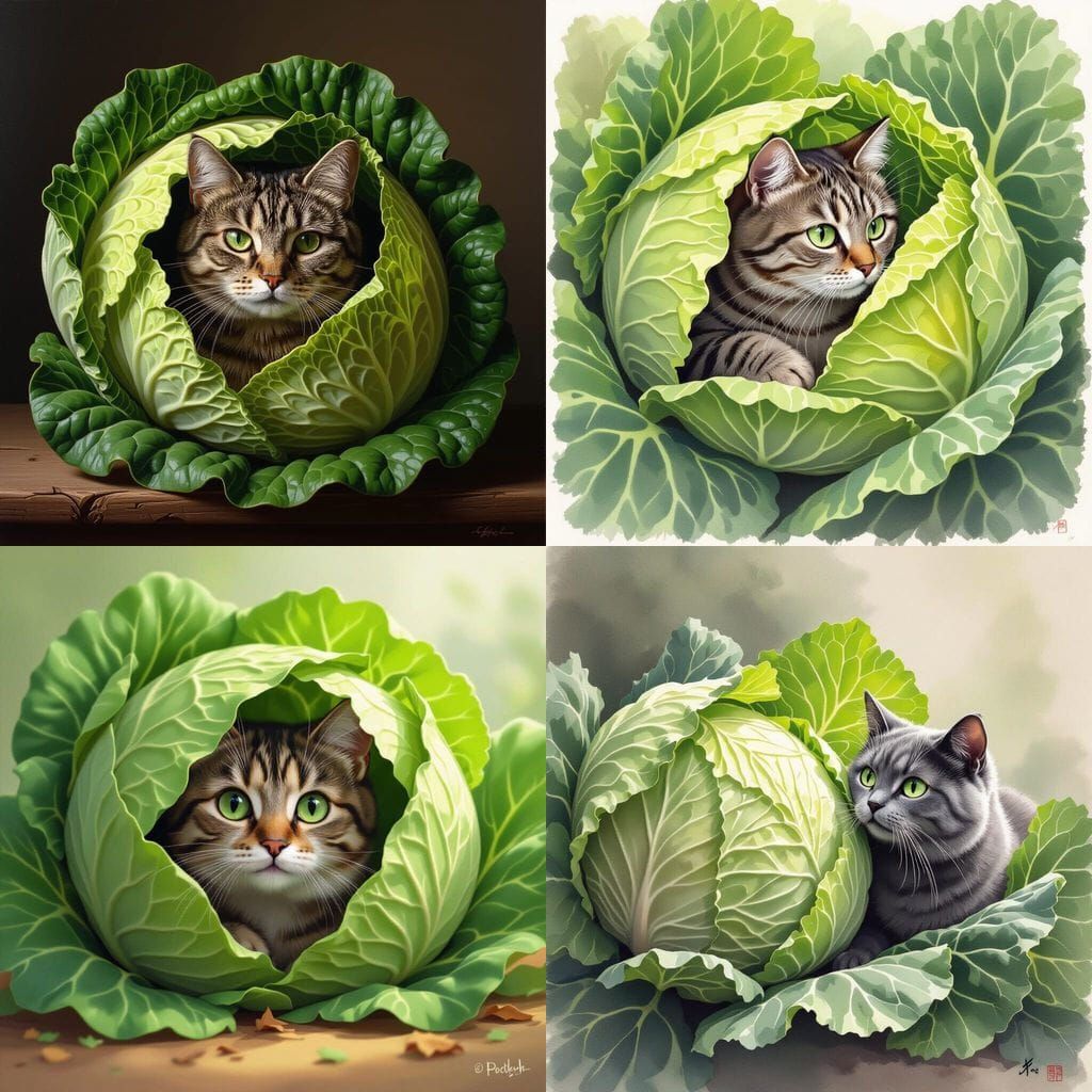 Gray-Red Cat Hiding in Chinese Cabbage