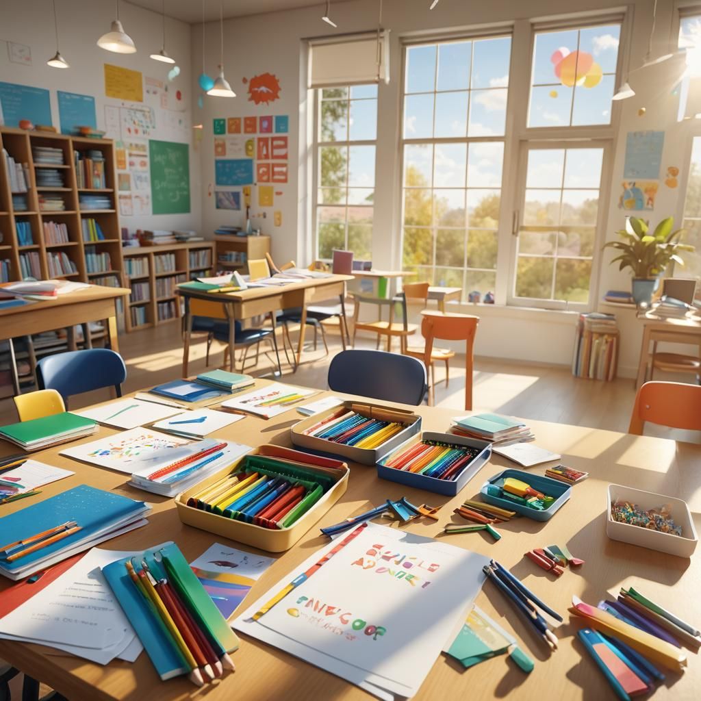 Classroom Scene with School Supplies in Digital Art