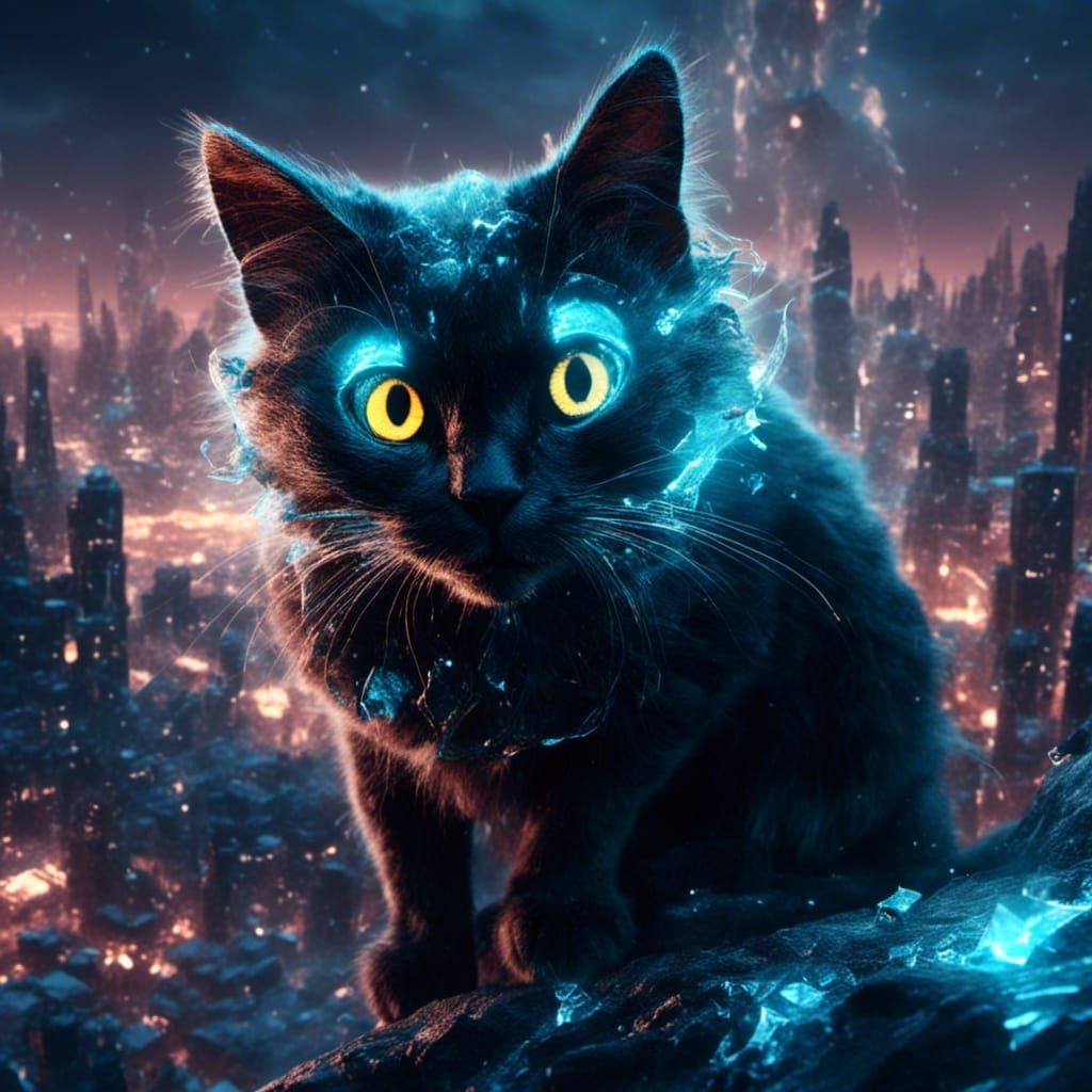 Bioluminescent Crystal Cat Cityscape in Mage Style