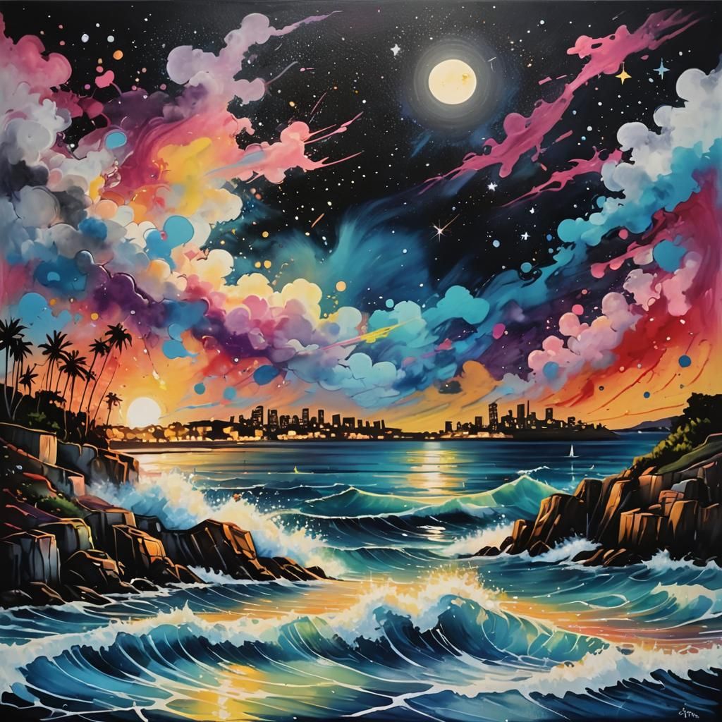 Summer Night Sea in Graffiti Splash Art Style