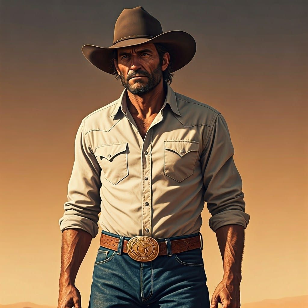 Cowboy with Gold Horseshoe Buckle in Western Art Style