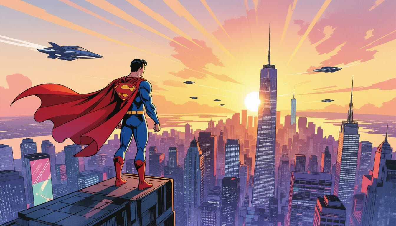 Superman Over Metropolis in Watercolor Comic Style