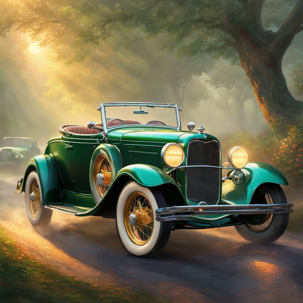 Green 1934 Ford Roadster in Ethereal Landscape
