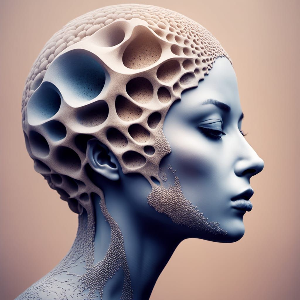 Surreal Pumice Stone Portrait in Soft Blue Beige Tones