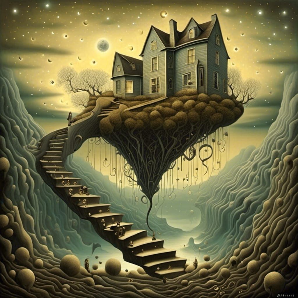 Surreal Starry Night Landscape in Watercolor Style