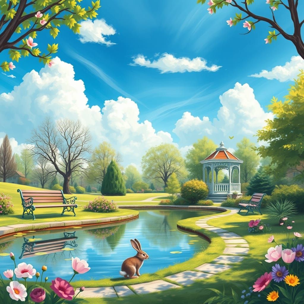 Whimsical Spring Park Scene in Storybook Style