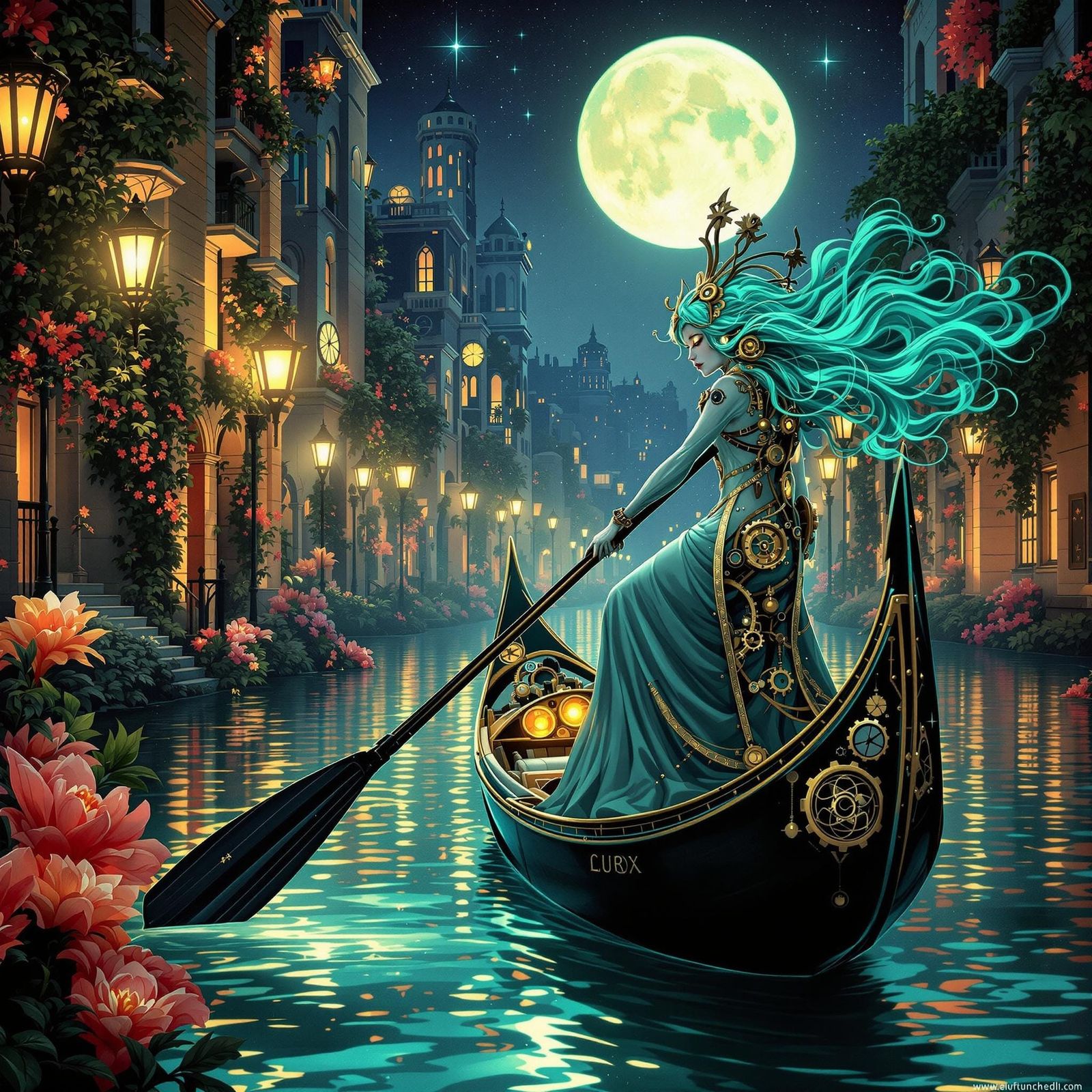 Art Nouveau Gondolier in Moonlit Cyberpunk Canal