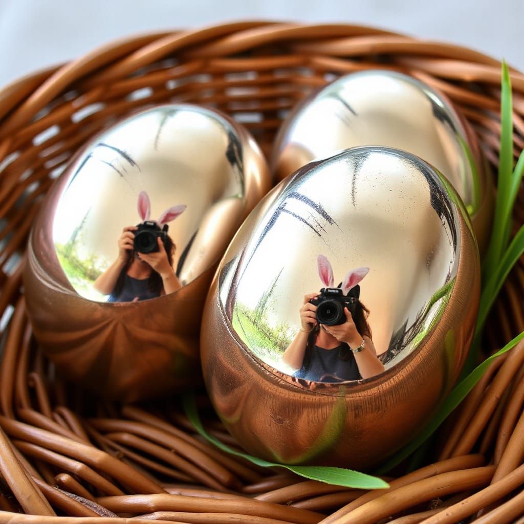 Easter Eggs in Wicker Basket Reflecting Photographer's Pink ...