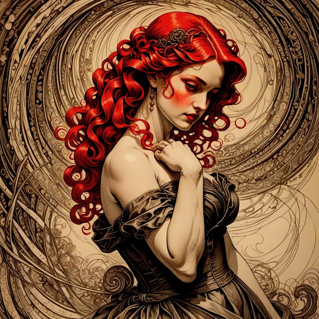 Twisting Crimson Forms in Etched Sketch Style