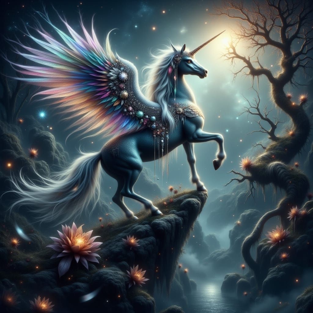 Majestic Unicorn Maiden with Iridescent Wings on Cliff