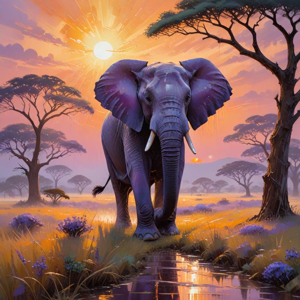 African Savannah at Dawn as Impasto Oil Painting