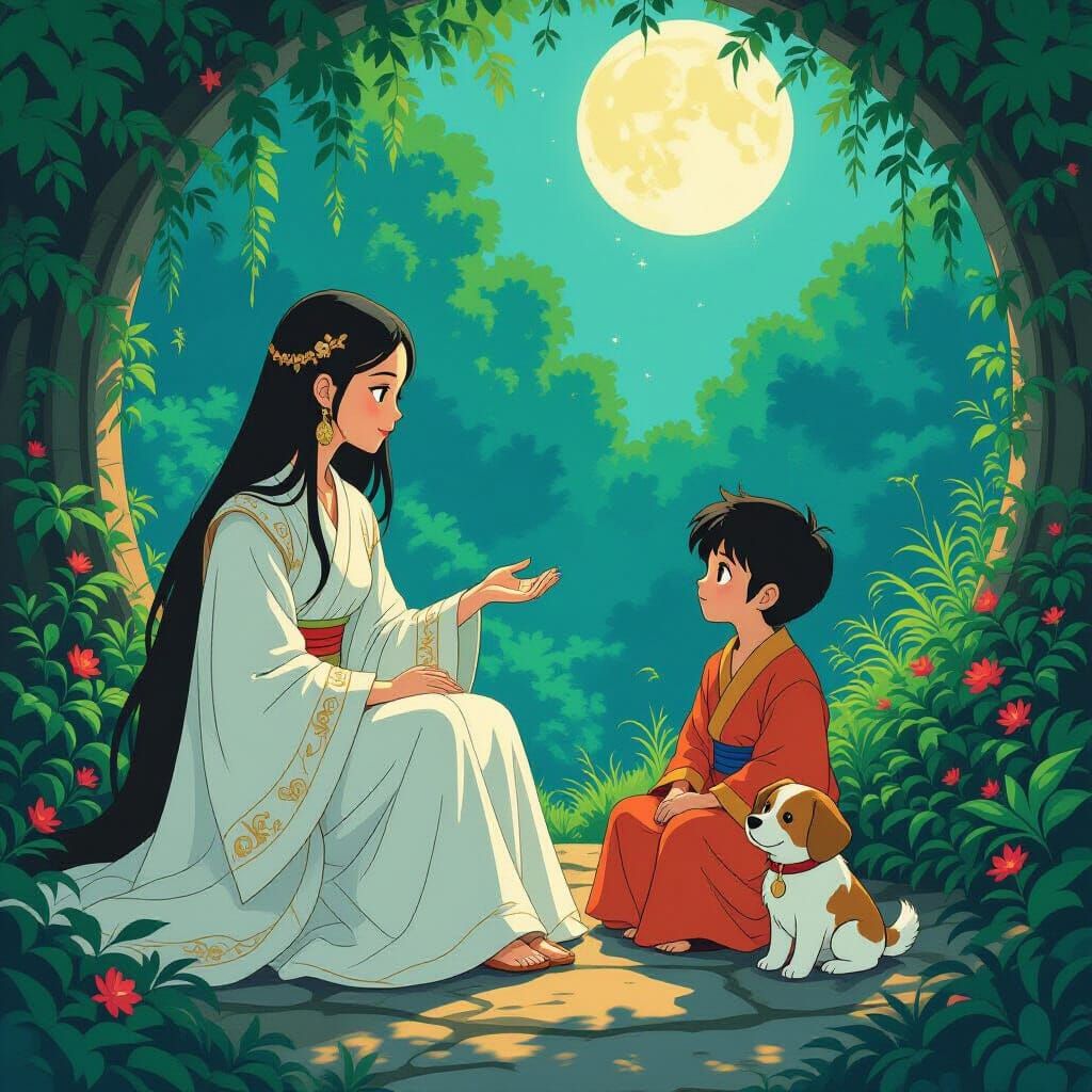 High Priestess and Fool in Mystical Garden, Miyazaki Style