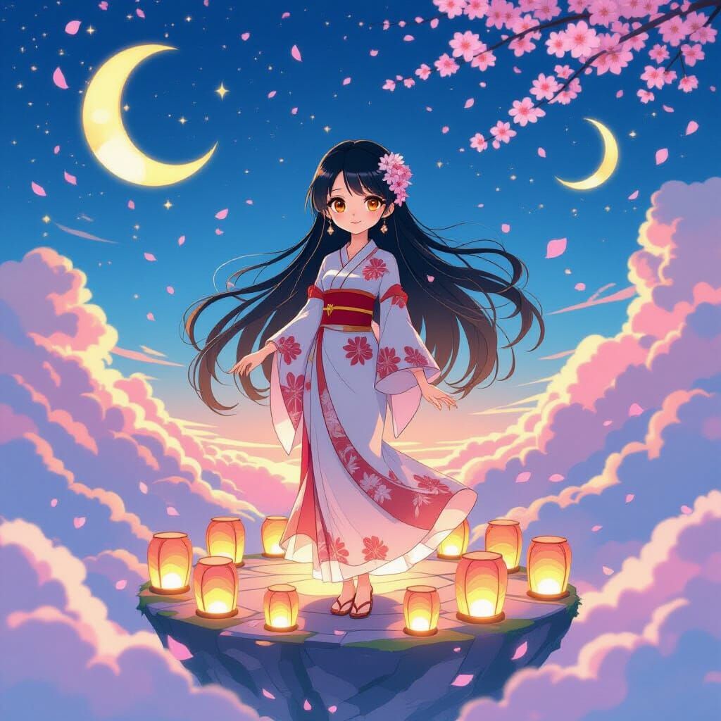 Anime Girl on Floating Lantern Island in Ghibli Style