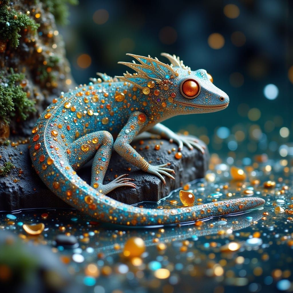 Glittering Jewel Salamander in Grotto, Art Nouveau Style