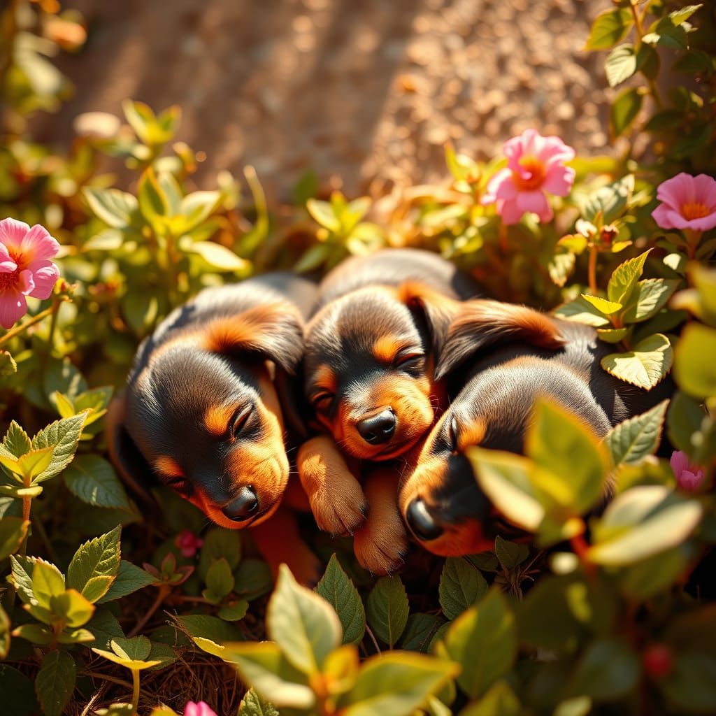 Adorable Dachshund Puppies Sleeping in Sunlit Garden with Ne...