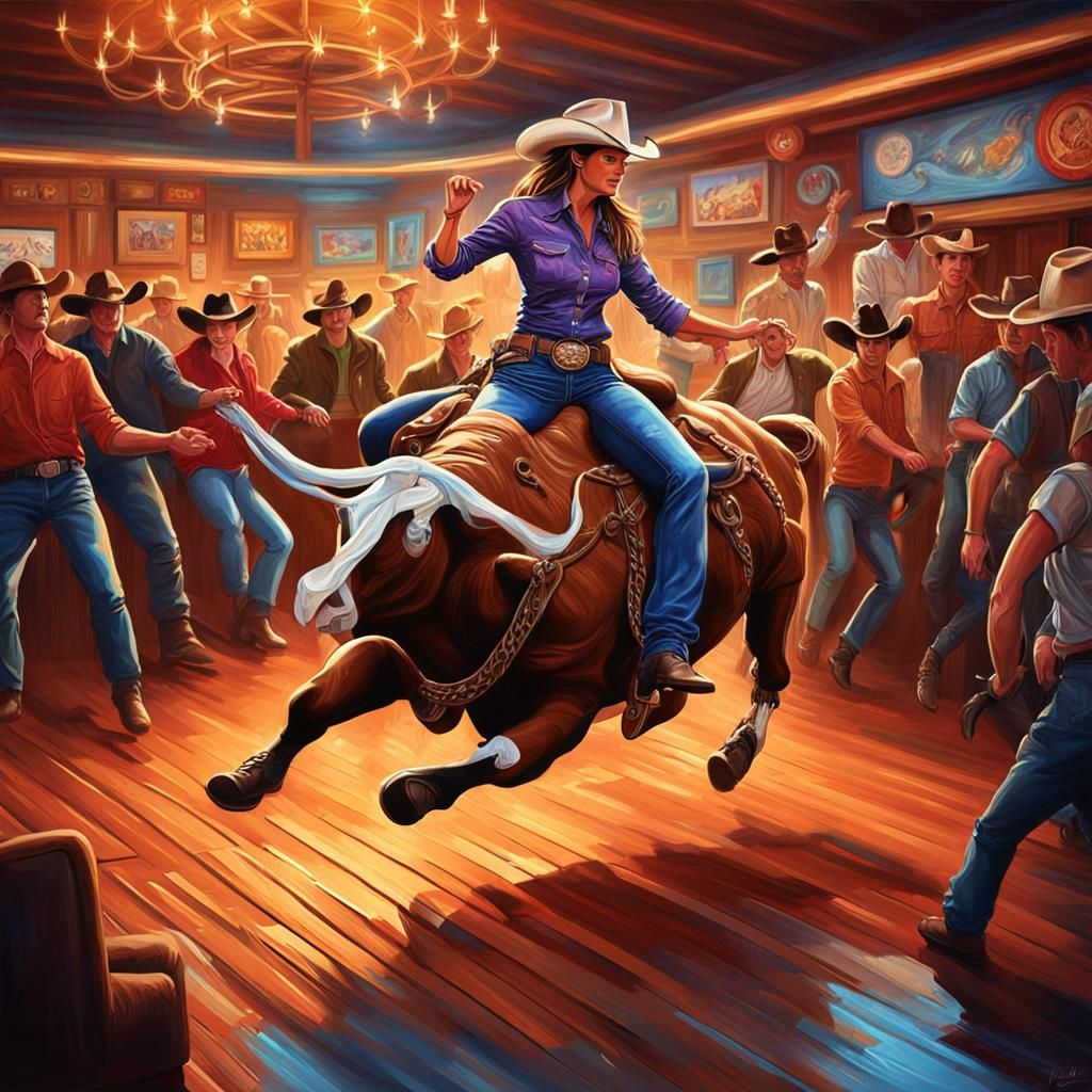 Line Dancing at Cowboy Bar in Splash Art Style