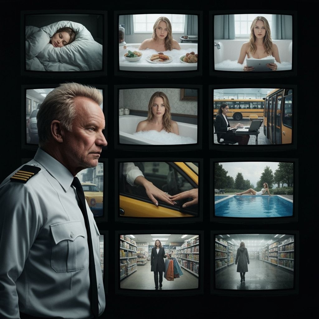 Sting as Security Guard Watching Monitor Wall