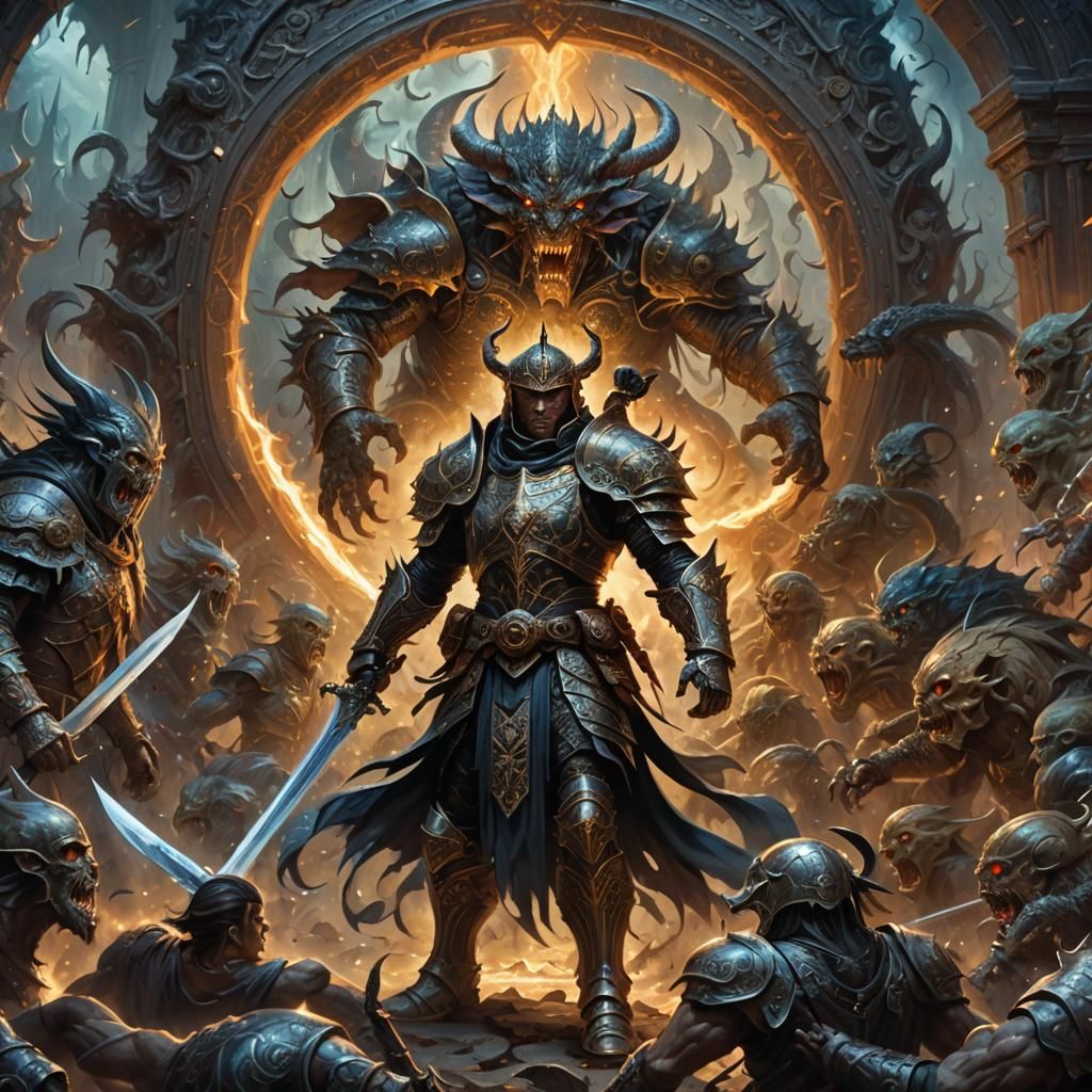 Fantasy Warrior Battles Monsters in Dark Portal