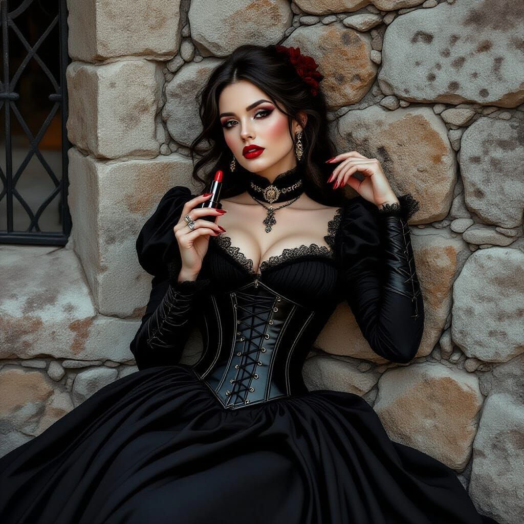 Gothic Woman with Red Lipstick on Stone Wall