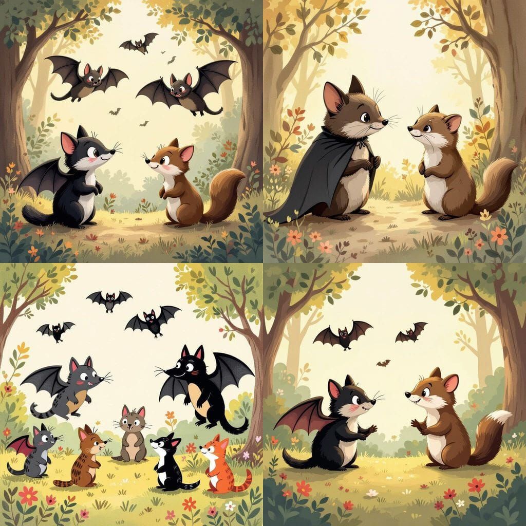 Children's Drawing of Bat and Weasels from Aesop's Fable