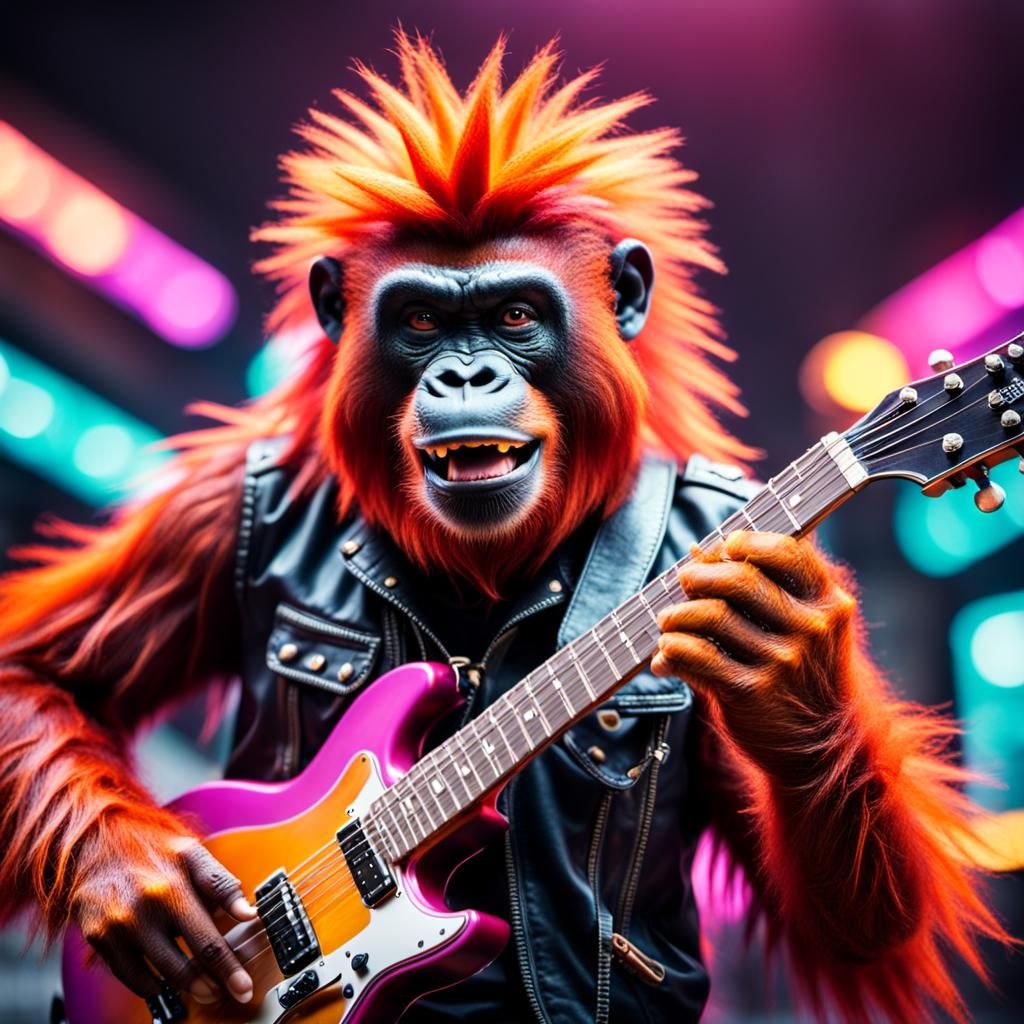 Punk Orangutan Rockstar Leaping in Synthwave Style