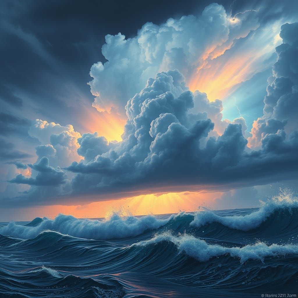 Epic Thunderstorm Ocean Scene in Vibrant Matte Painting Styl...