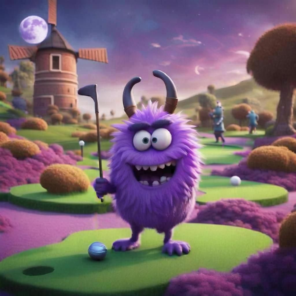 Purple monster playing crazy golf.