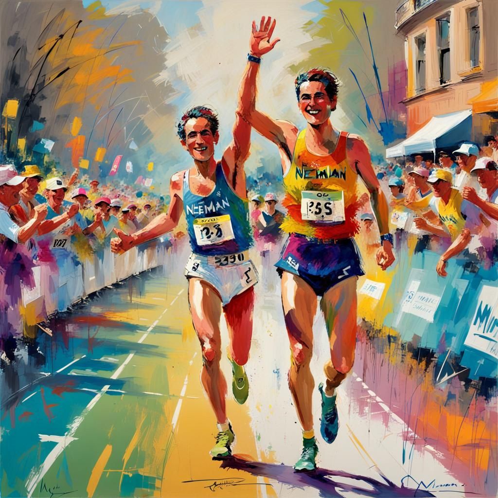 Art by LeRoy Neiman, high five between two marathon runners crossing the finish line together, expression of mutual resp...