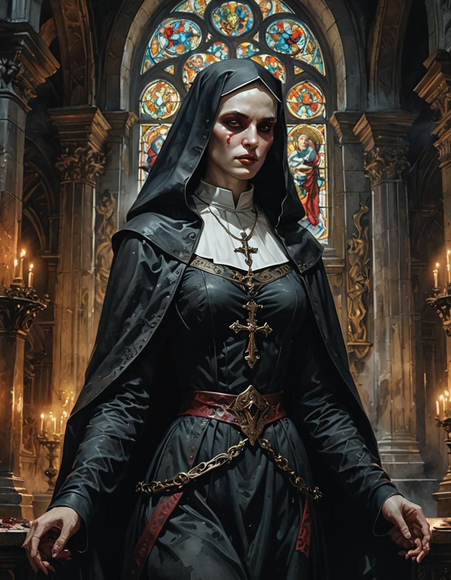Demonic Nun in Baroque Monastery: Dark Fantasy Watercolor