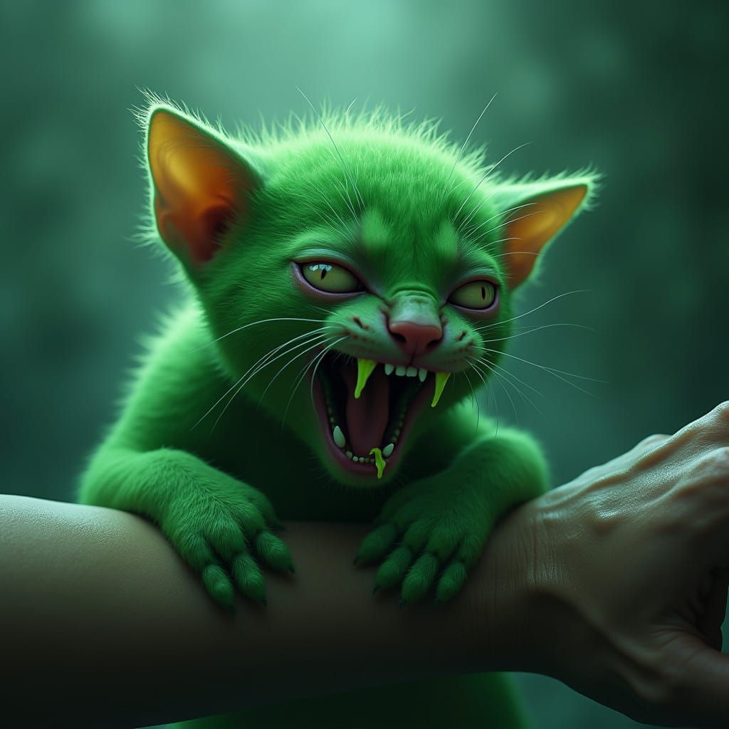 Undead Baby Cat Terrorizes in Neon Green, Matte Painting Sty...