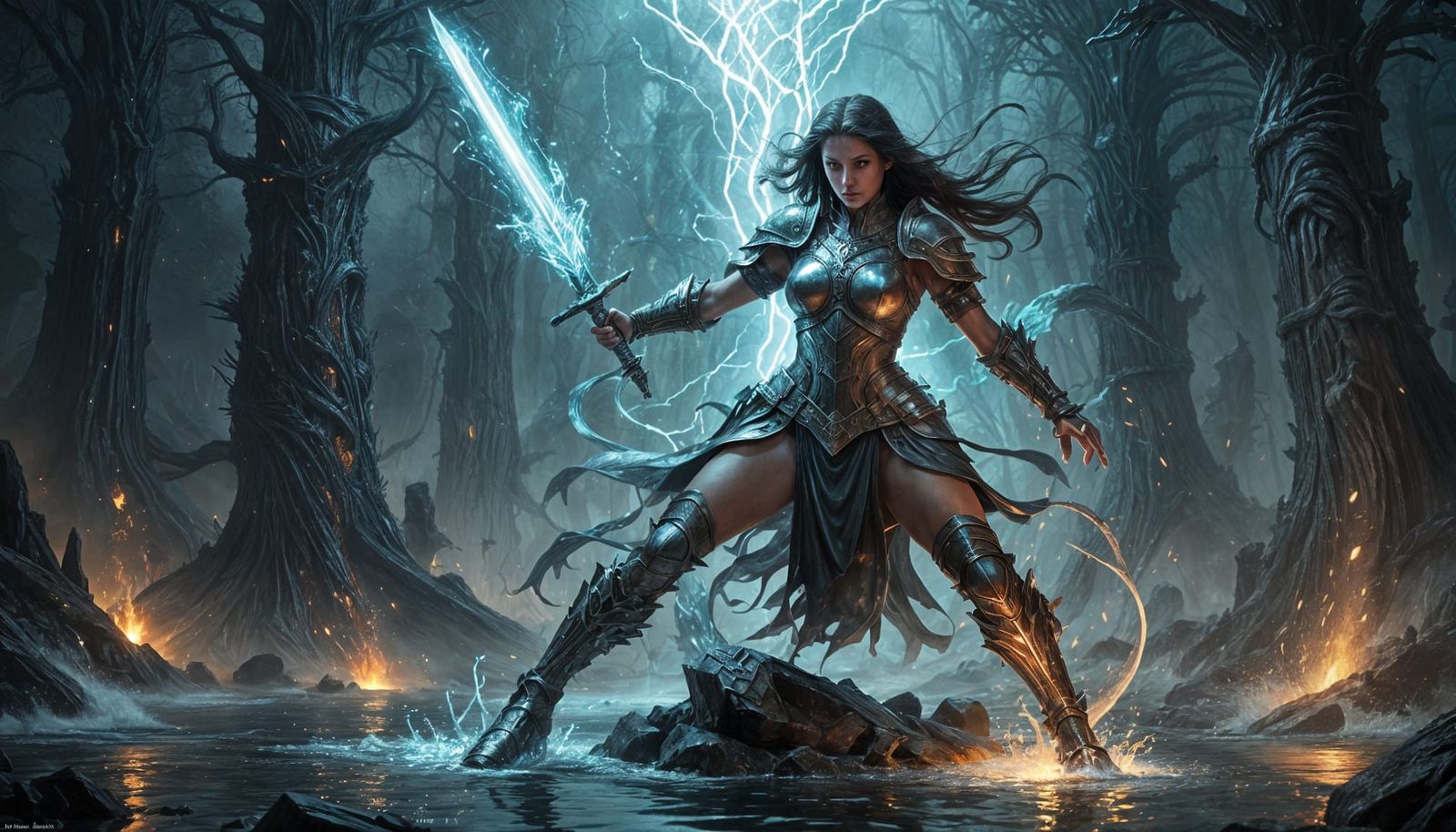 Knight Summons Water Elemental in High Fantasy Style