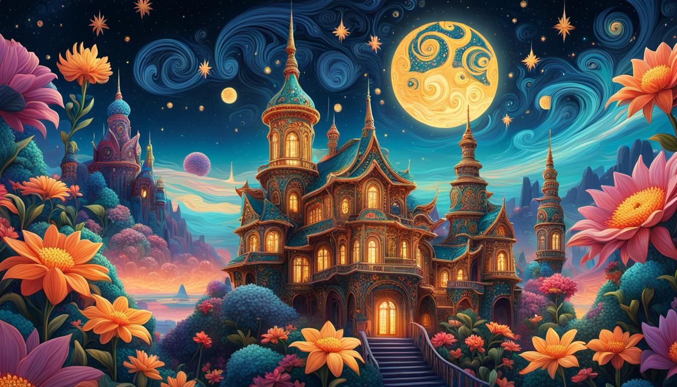 Surreal Fantasy Architecture Under Starry Sky