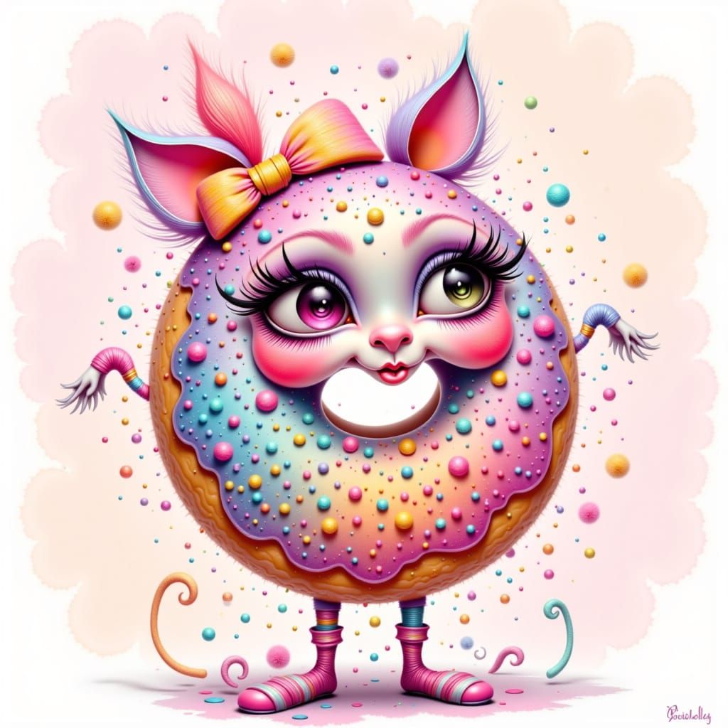 Sparkling Donut Character in Surreal Kawaii Style