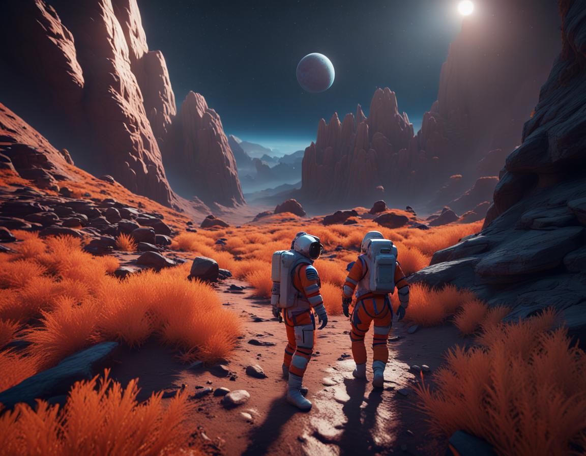 Astronaut Explores Valley on Exotic Planet in 3D