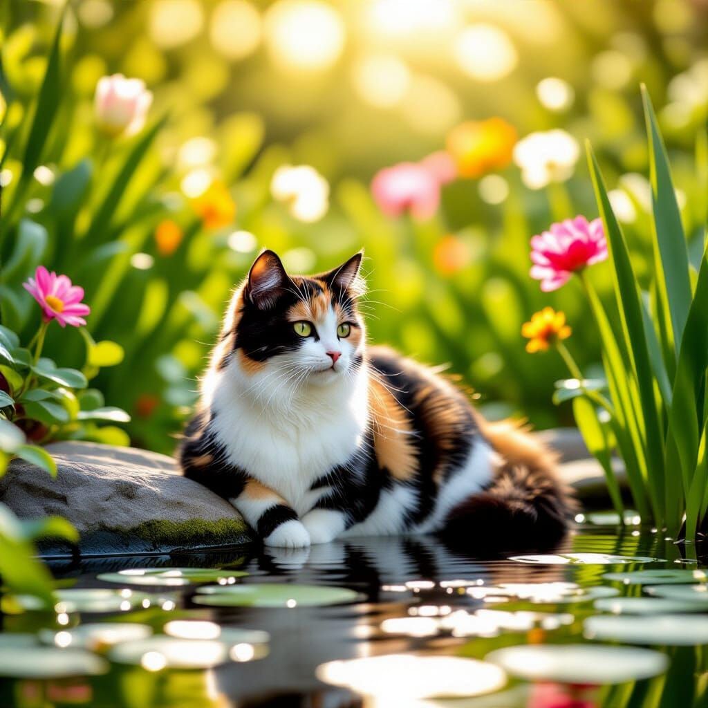 calico cat sunlit pond garden