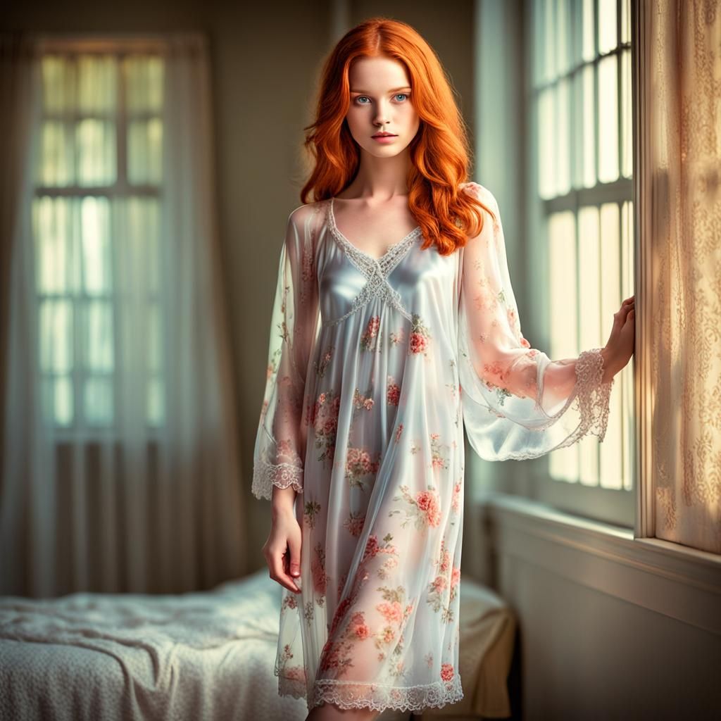Stunning Redhead in Silk Nightgown: Professional Photography