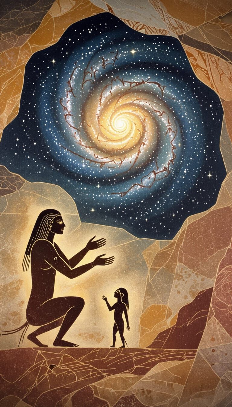 Cave Art Cosmic Scene: Ancient Figures and Galaxy
