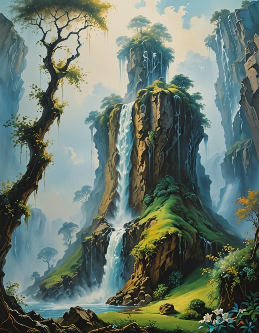 Surreal Waterfall Cascading From Mouth in Dreamlike Style