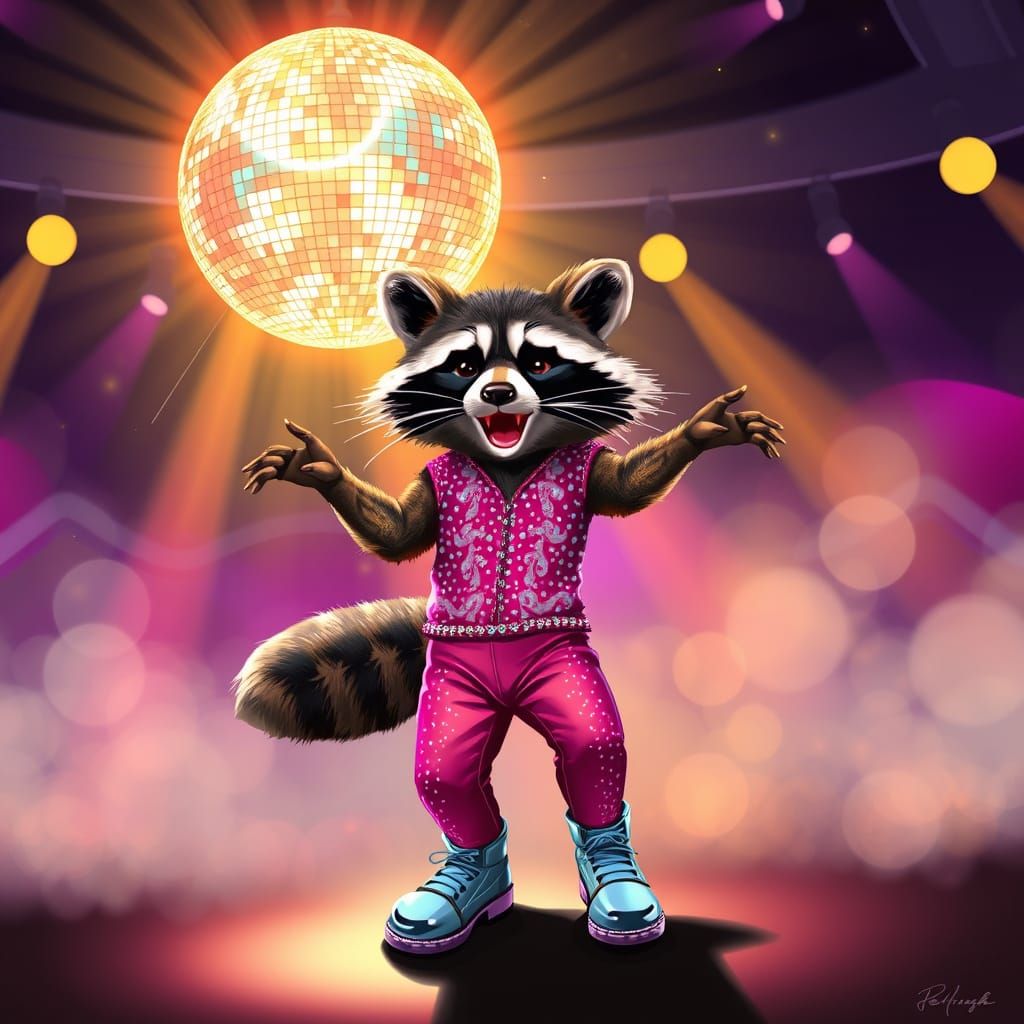 Disco Raccoon Dances Under Glittering Ball