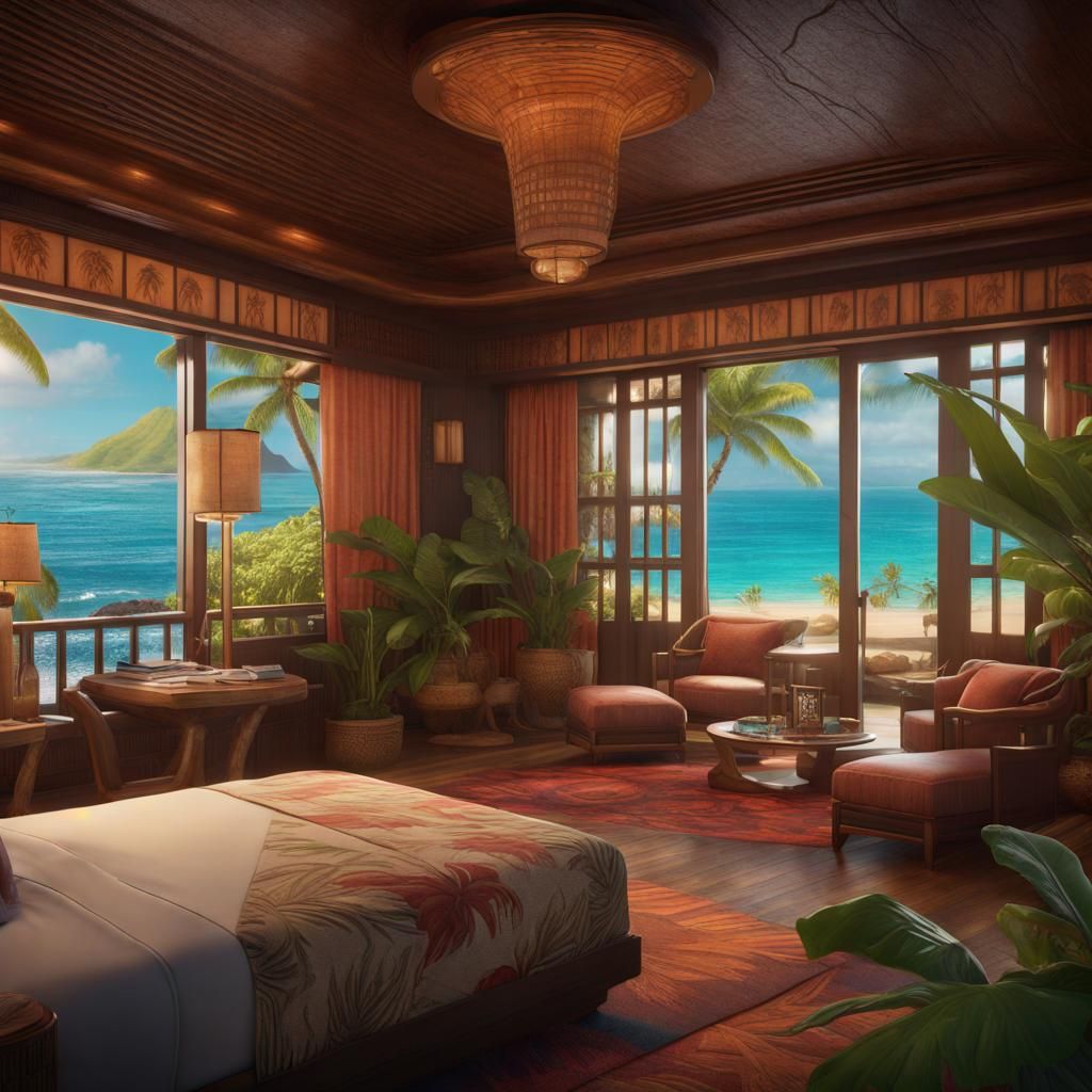 Exotic Hawaiian Hotel Room in Fantasy Art Style