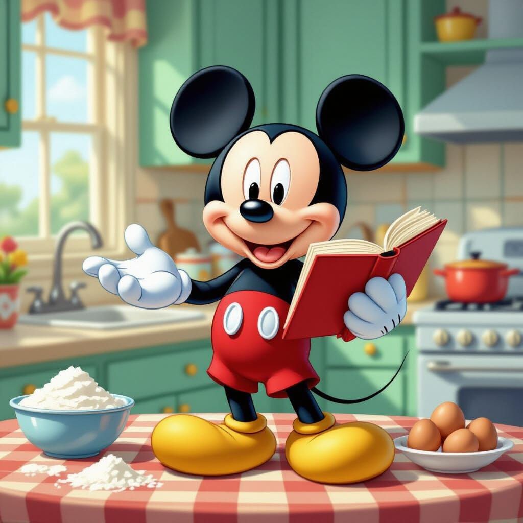 Mickey Mouse Bakes a Cake in Bright Kitchen