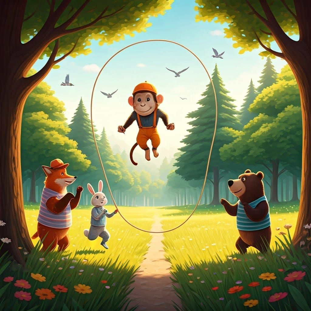Whimsical Animals Play Jump Rope in Sunny Meadow
