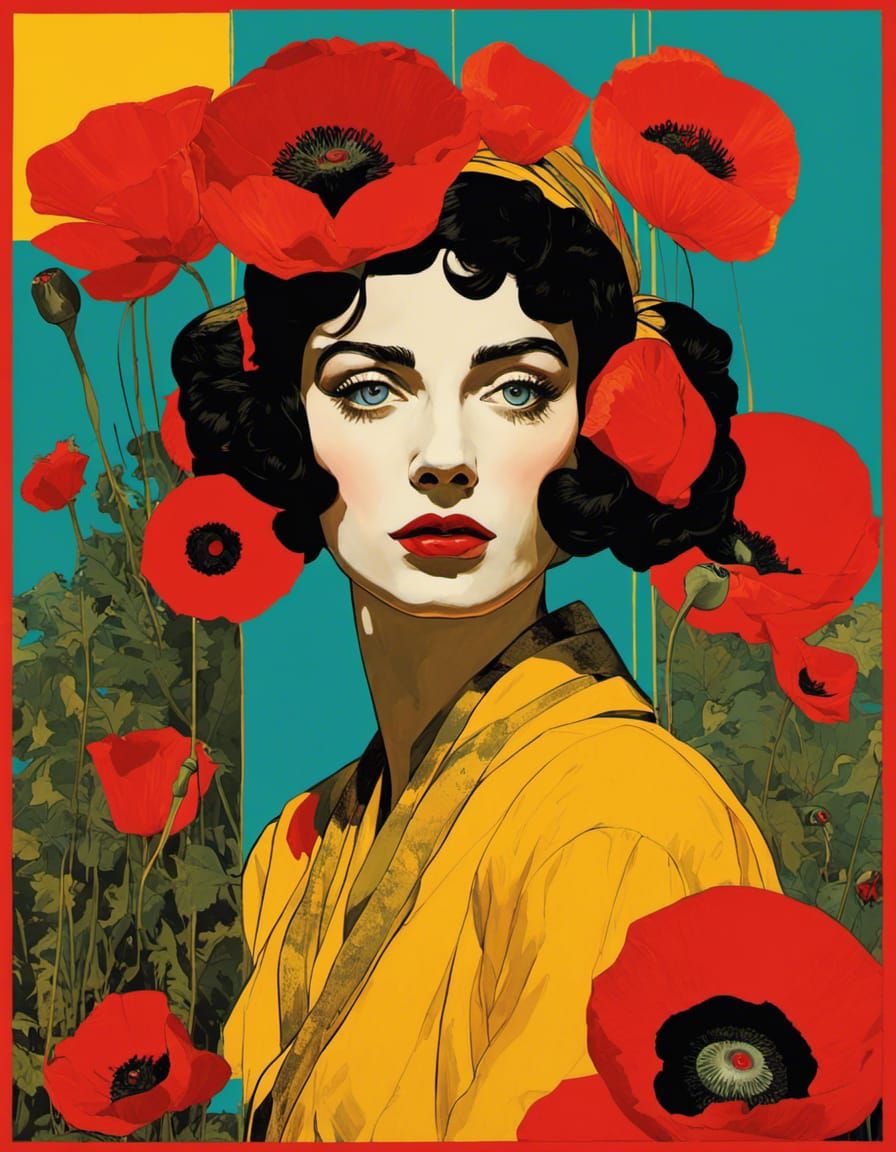 Poppy Flowers Woman Portrait Collage in Bauhaus Style