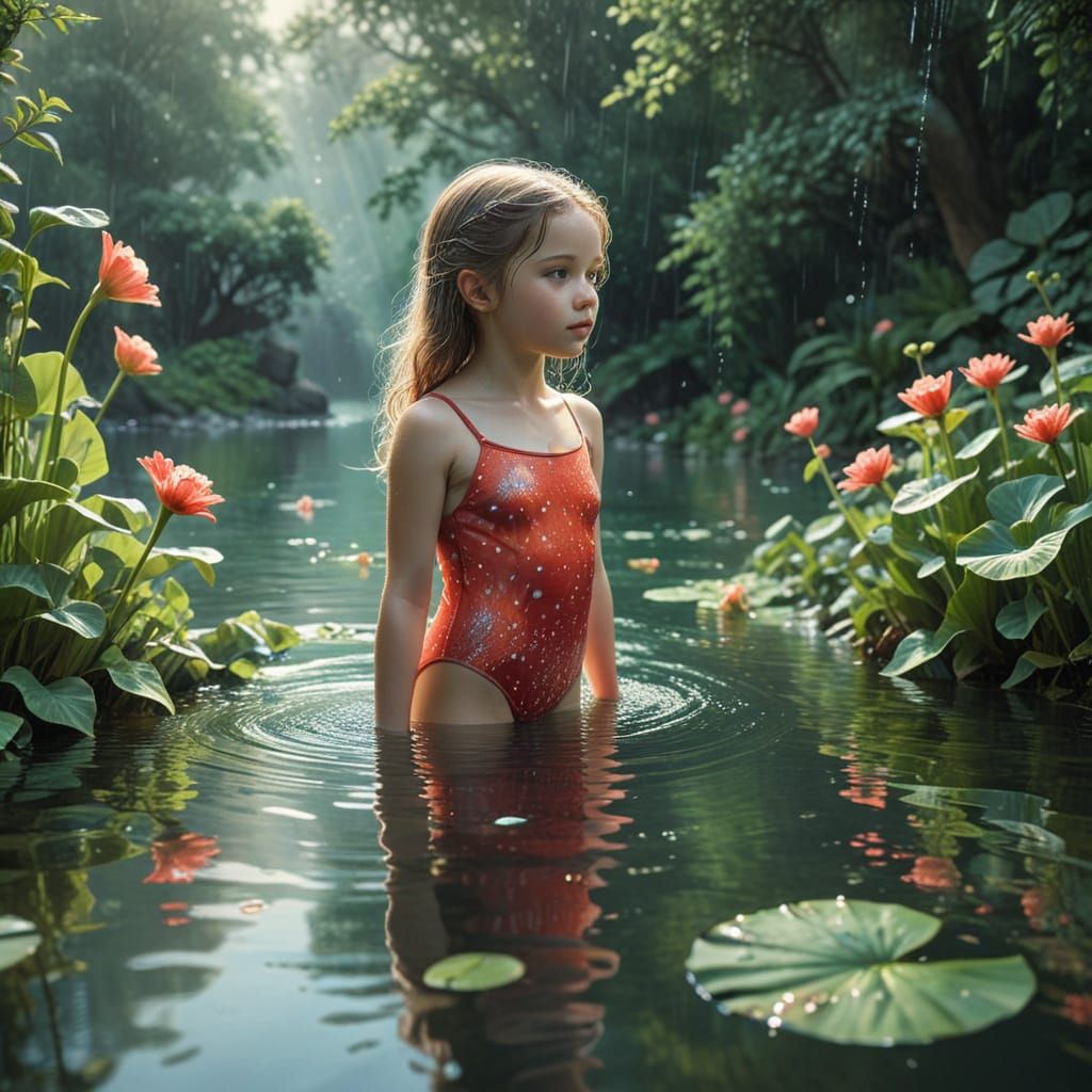 Girl in Lake with Banana Leaf, Watercolor Art