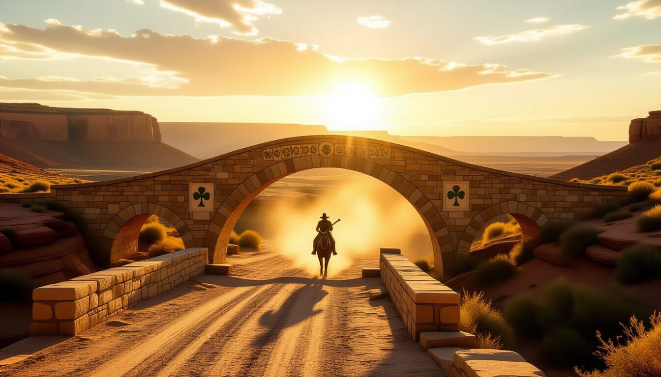 Celtic Arch Bridge in Desert Canyon, Golden Western Sky