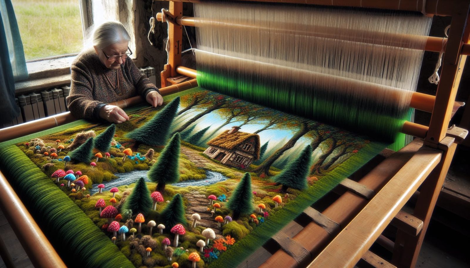 Elderly Woman Weaves Miniature Landscape on Loom