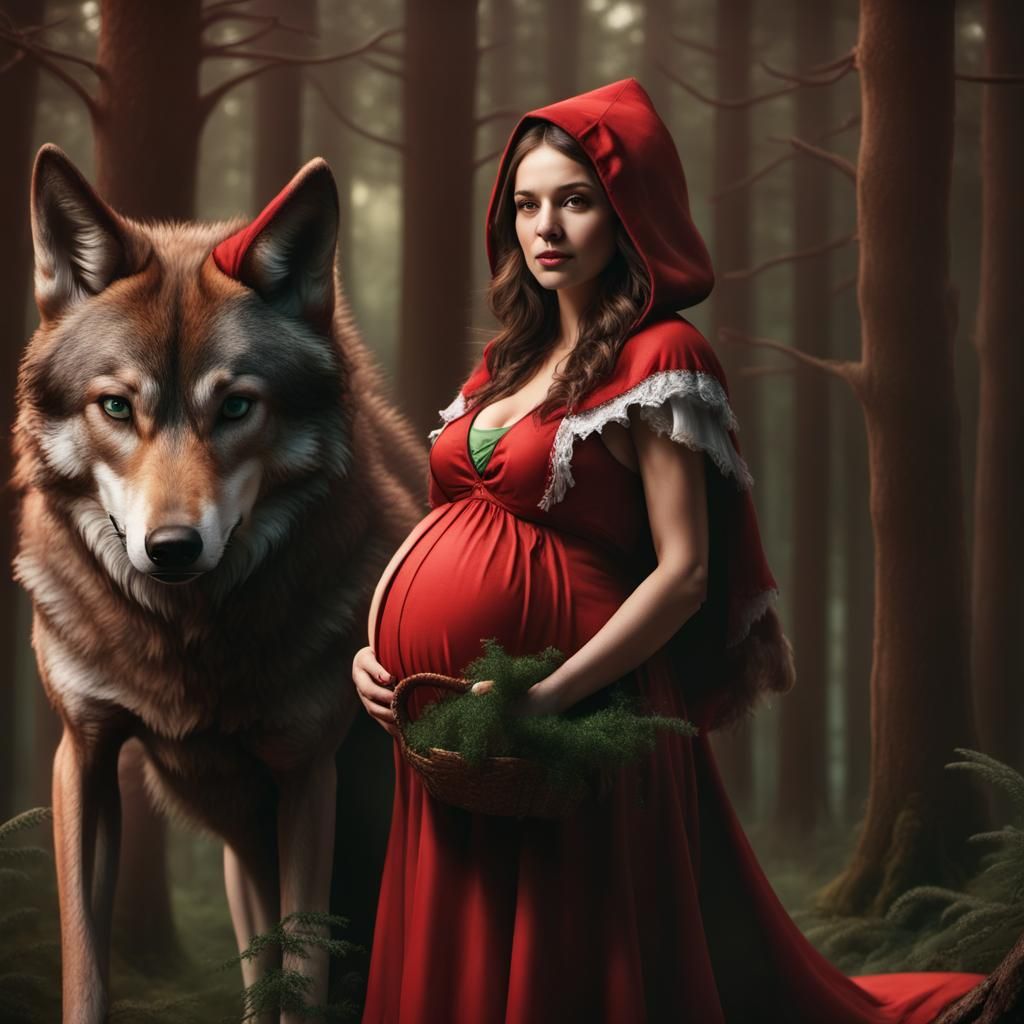 Pregnant Red Riding Hood with Wolf in Forest